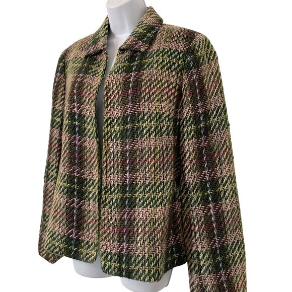 Kasper Plaid Tweed Jacket Womens SZ 14 Green & Pink Acrylic Blazer Open Front - Picture 2 of 9